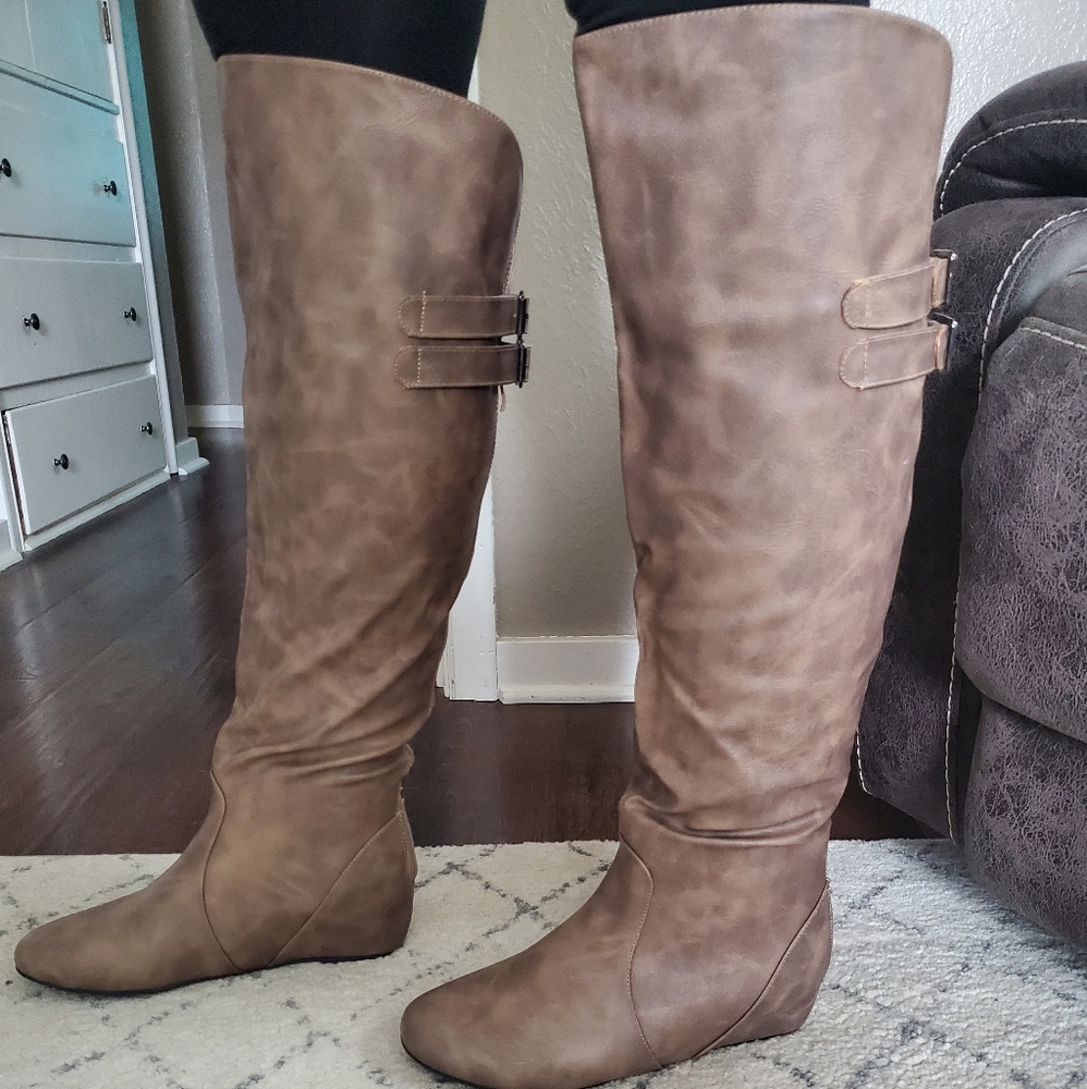 Knee high tan faux leather boots